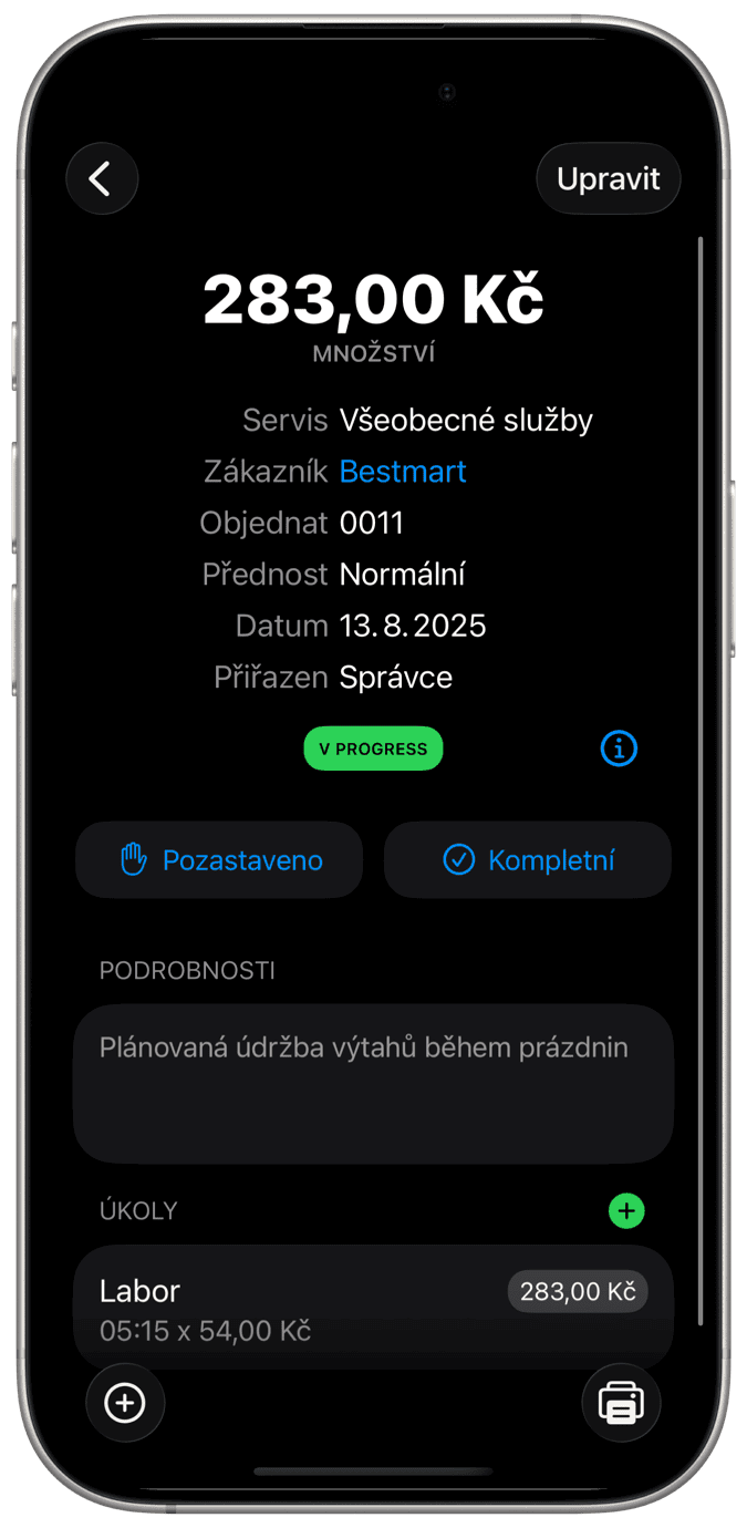 Správa pracovních objednávek